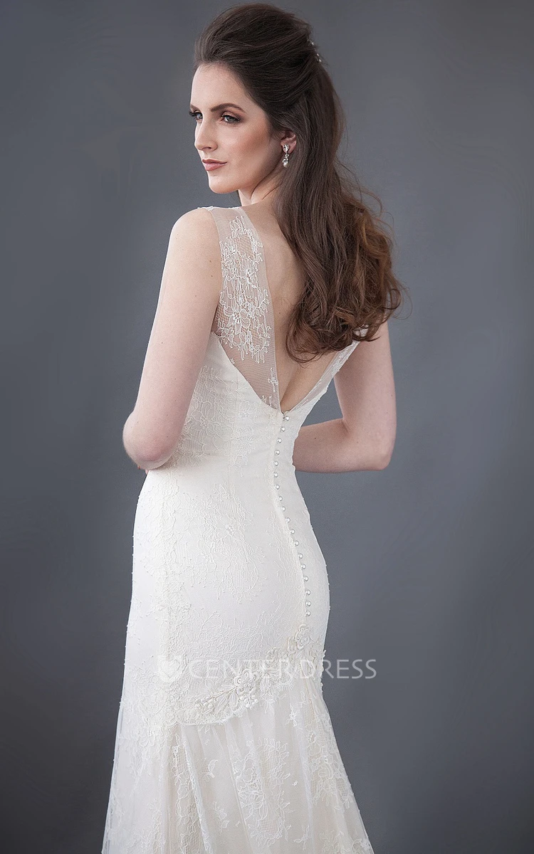 Sheath Appliqued Sleeveless Maxi Lace Wedding Dress With Low-V Back And Pleats
