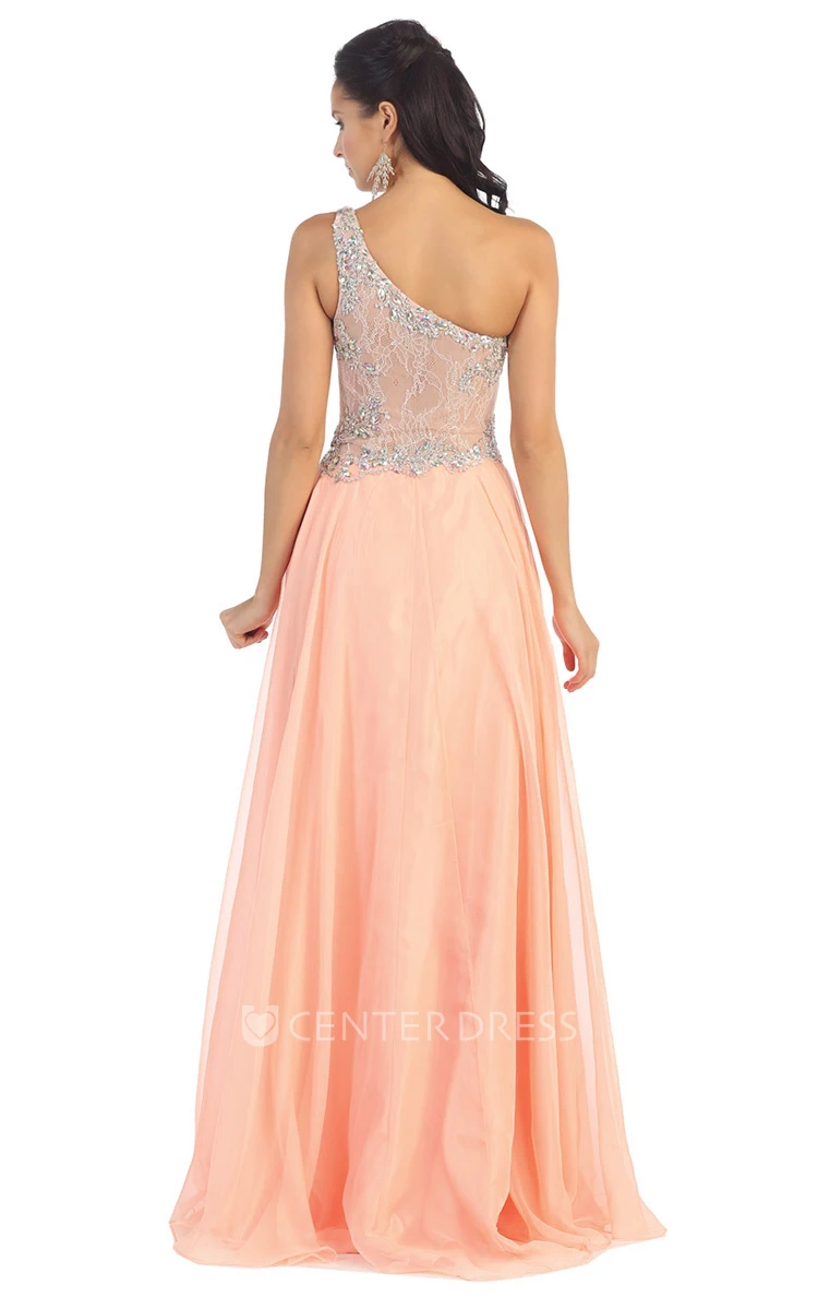 A-Line One-Shoulder Sleeveless Chiffon Illusion Dress With Beading And Draping
