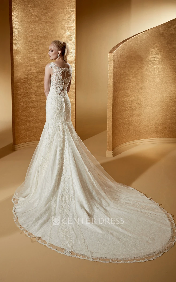 Exquisite V-Neck Mermaid Bridal Gown With Illusive Lace Straps And Court Train