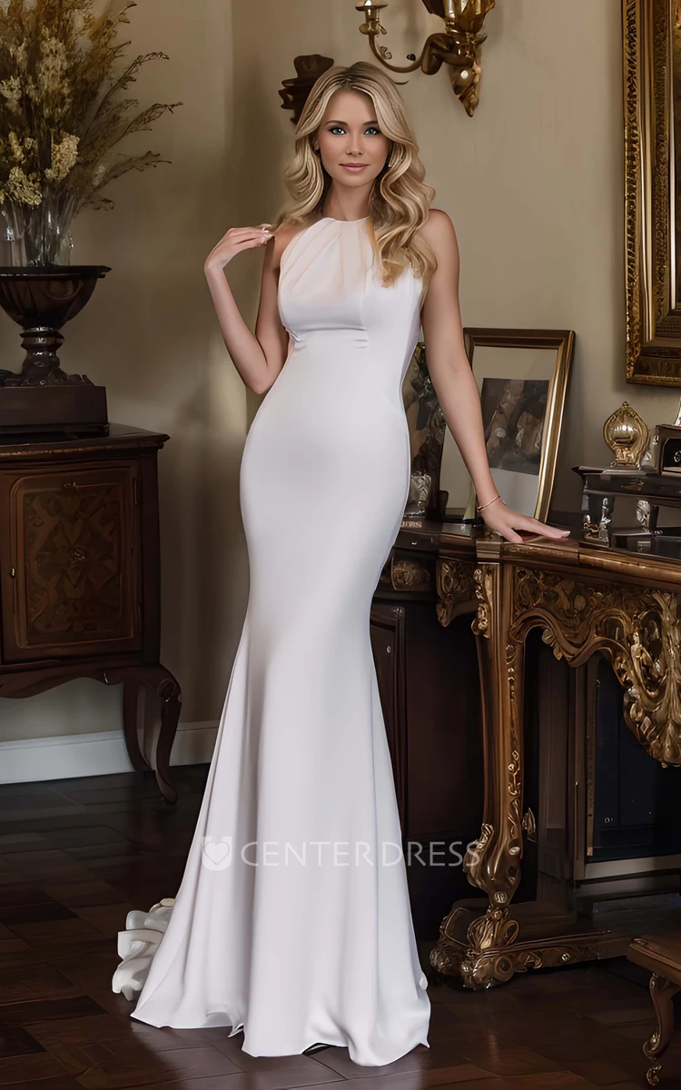 Simple Trumpet Jewel Neck Sexy Sleeveless Backless Floor-length Wedding Dress