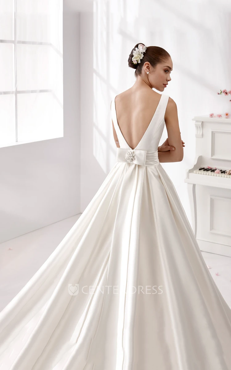 Cap-Sleeve Satin A-Line Wedding Dress With Cinched Waistband And Open Back