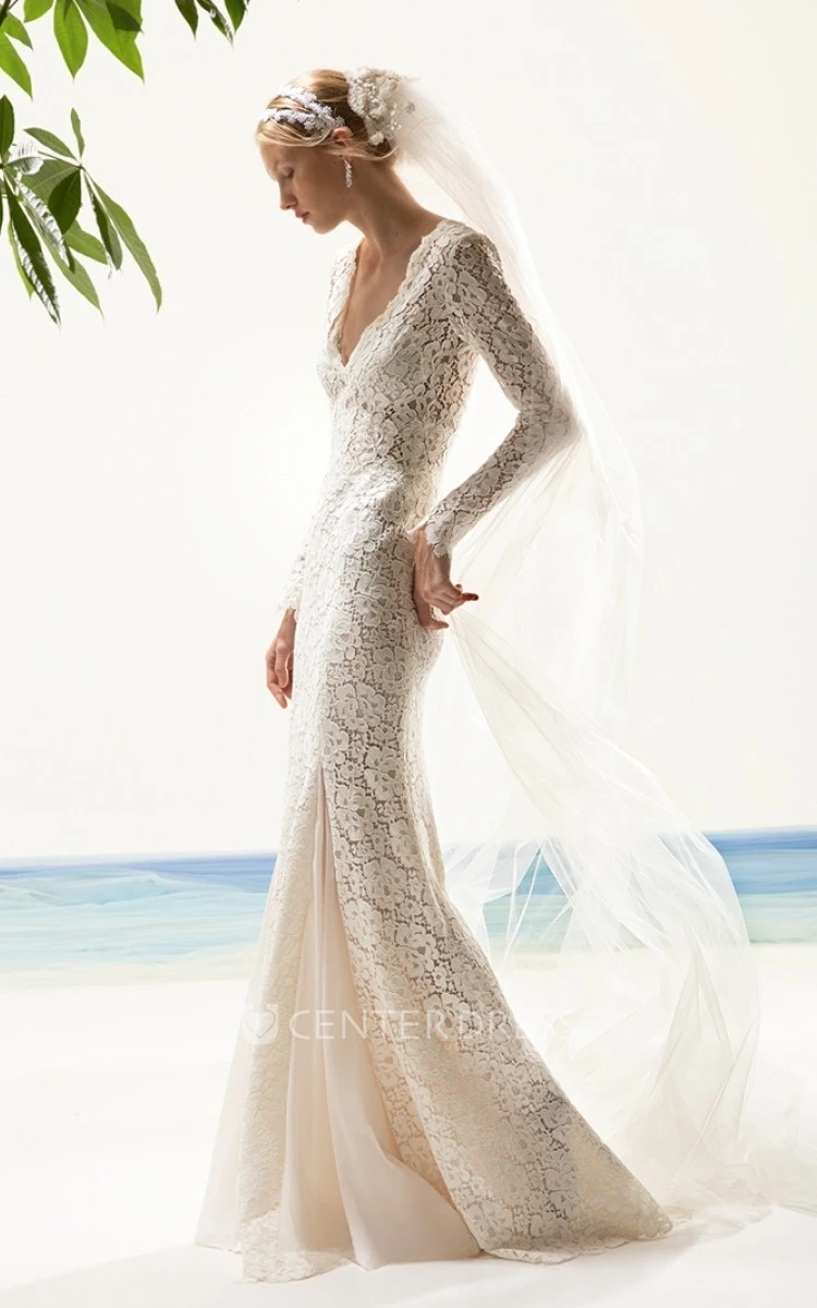 Vintage Mermaid Floor-length Long Sleeve Lace V-neck Wedding Dress 