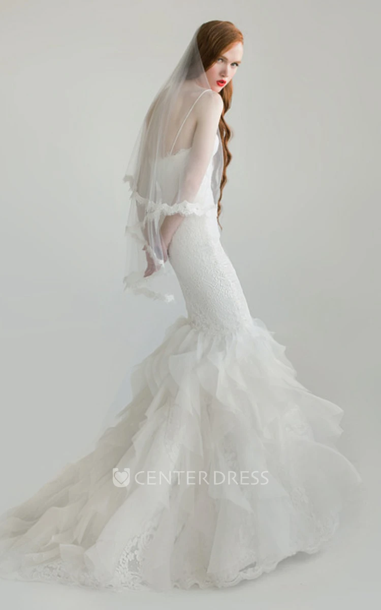 Mermaid Floor-Length Pick-Up Sleeveless Spaghetti Lace&Tulle Wedding Dress With Ruffles