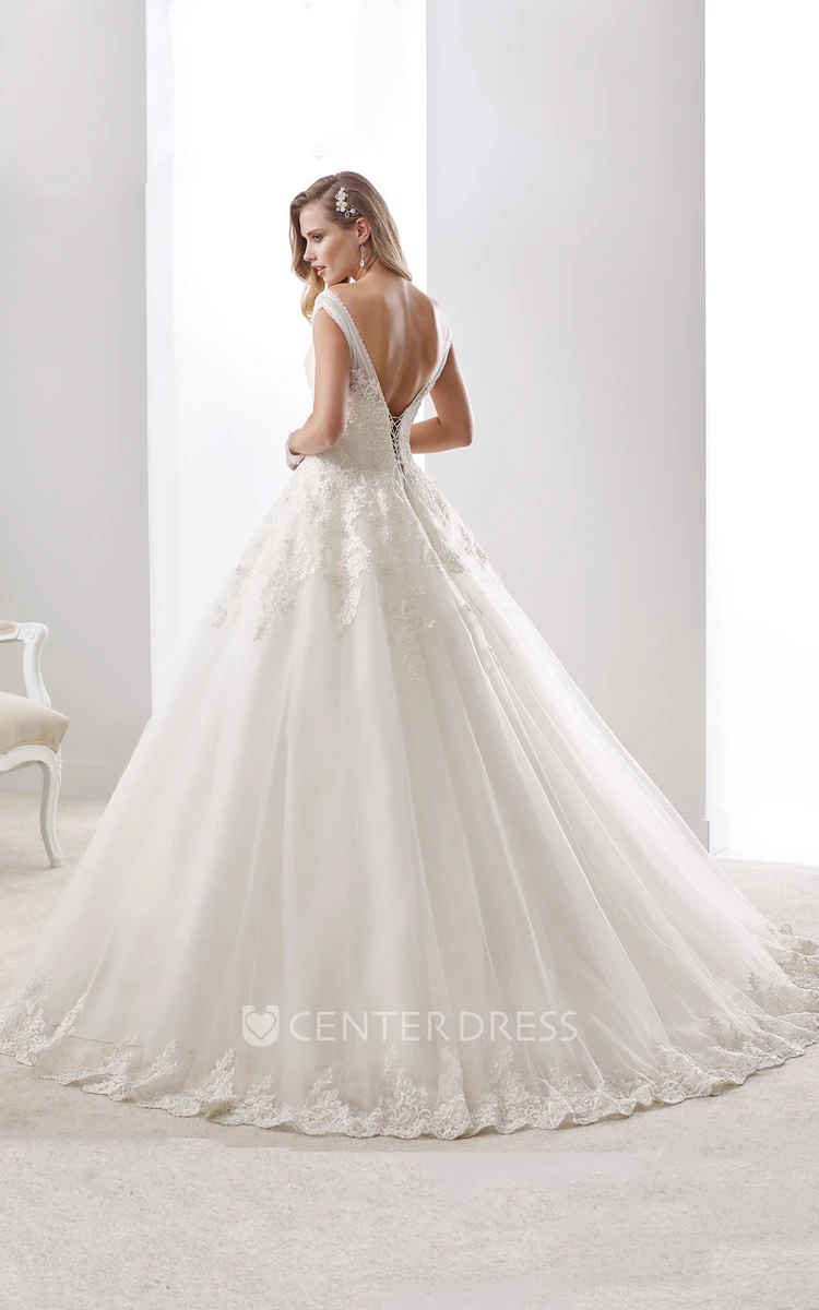 V-neck Cap sleeve A-line Wedding Dress with Open Back and Tulle Straps