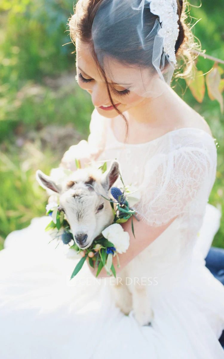 Jewel Short Sleeve Long Chiffon Wedding Dress With Sash And Low-V Back