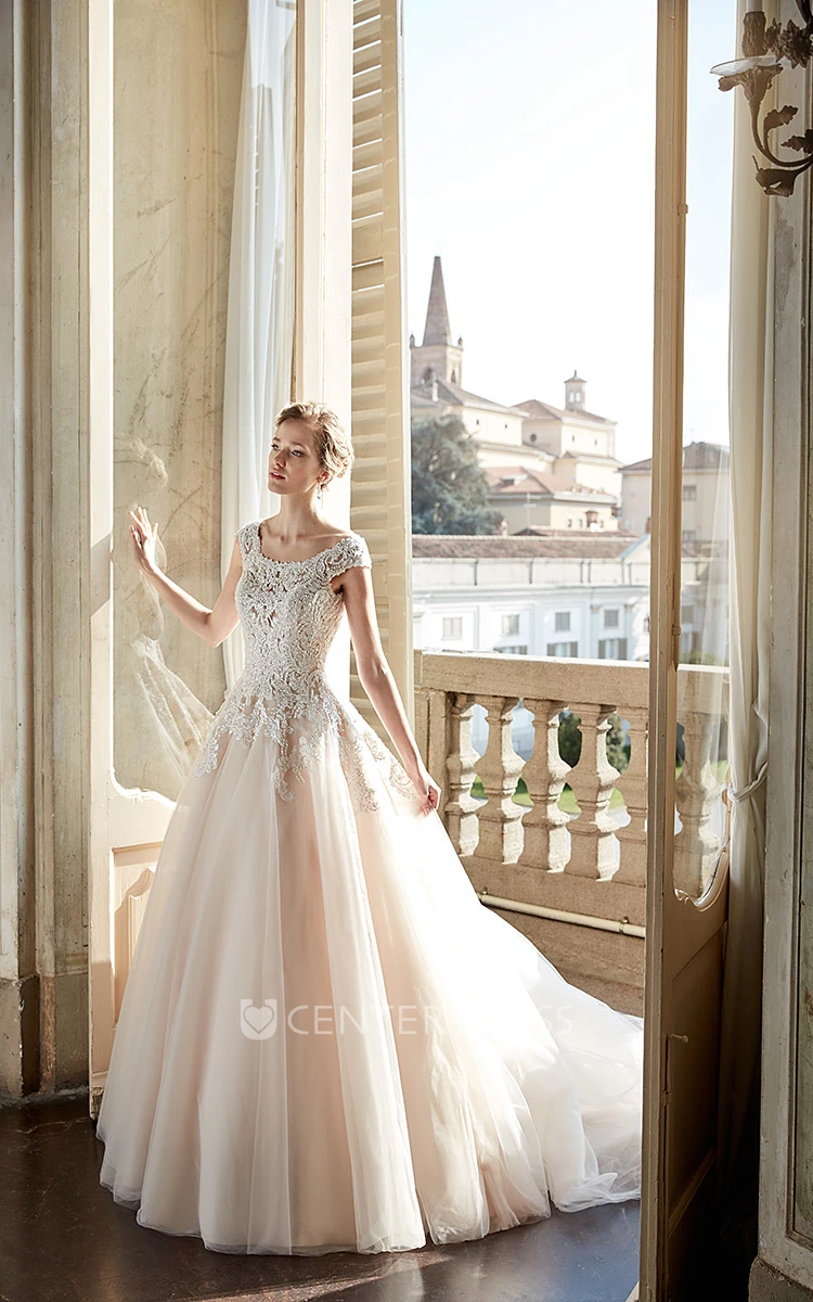 A-Line V-Neck Floor-Length Appliqued Sleeveless Lace&Tulle&Satin Wedding Dress