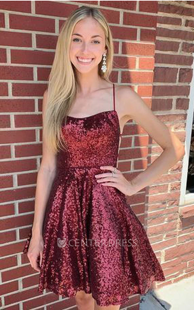 Adorable Sequins Short A Line Homecoming Dress With Cross Back And Spaghetti Neckline
