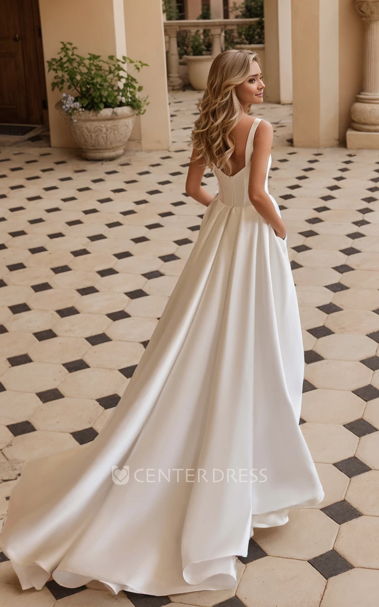 Minimalist Casual A-Line Square Neck Wedding Dress Simple Romantic Pleated Side Slit Low Back Court Train Bridal Gown