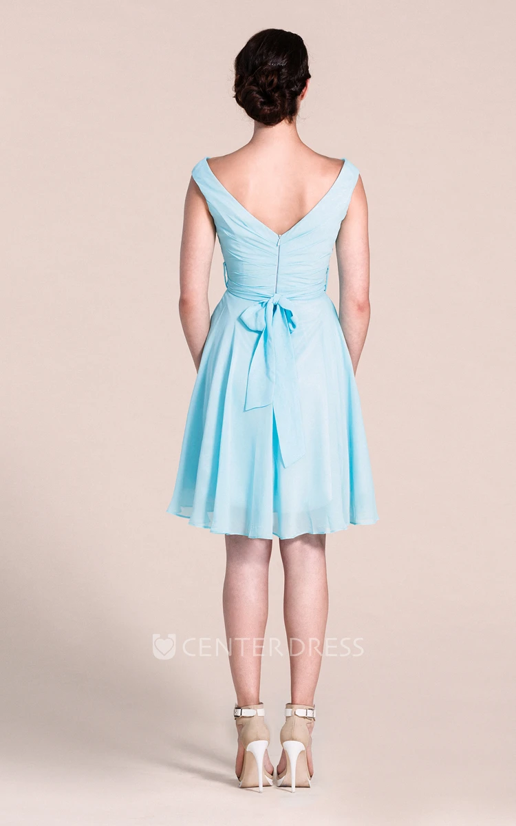 V-neck A-line Short Dress With Bow Tie
