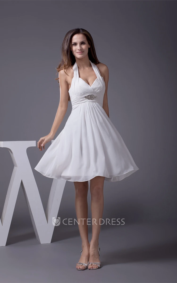 Knee-Length Sleeveless Halter A-Line Dress with Ruching and Beadings