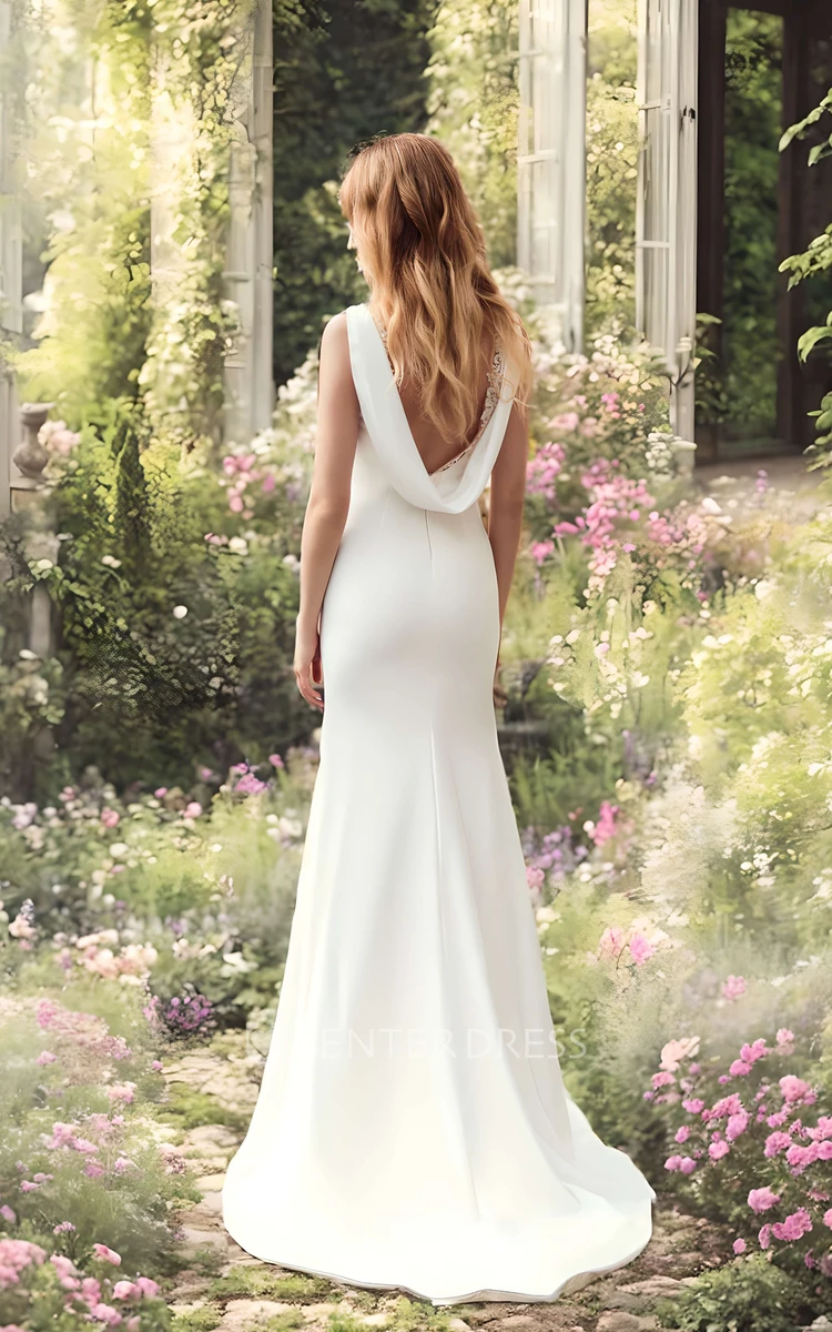 Elegent Satin Simple Mermaid Sleeveless Bateau Spring Wedding Dress Sweep Train V-Back Appliques Gown