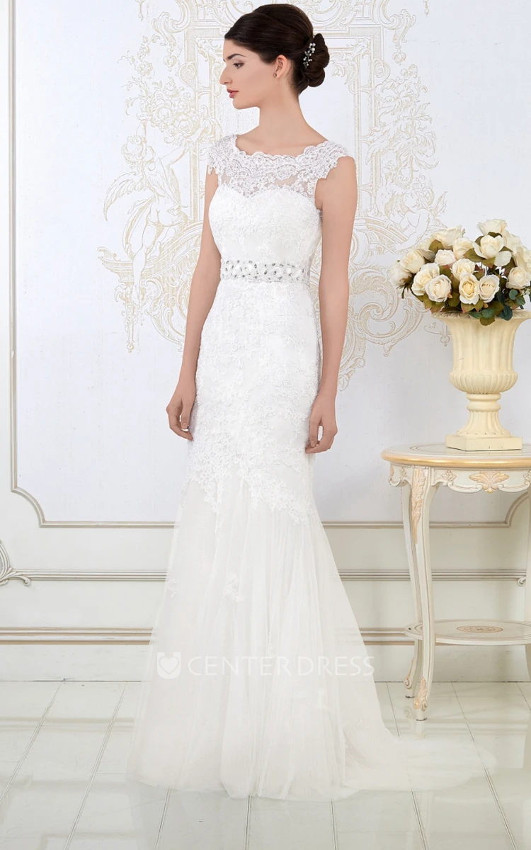 Sheath Bateau-Neck Appliqued Long Cap-Sleeve Lace Wedding Dress With Waist Jewellery