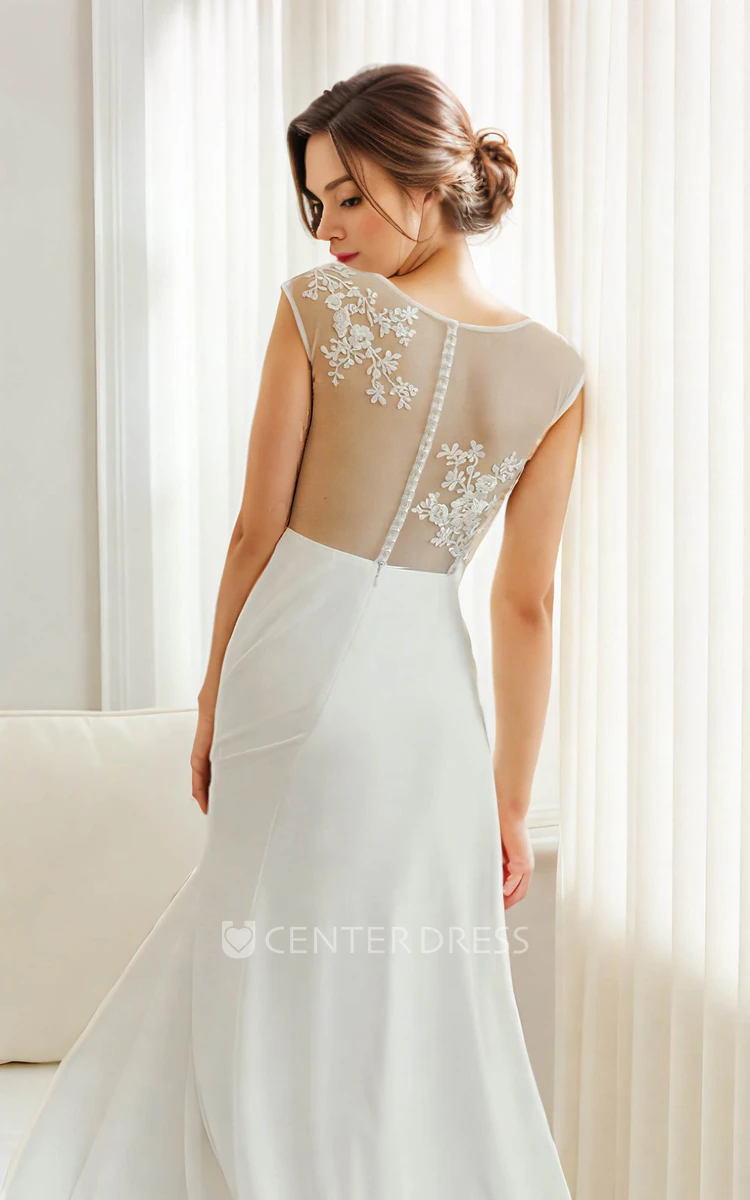 Lace Appliques Sleeveless Elegant Jewel Neck Ankle-length Sheath Wedding Bride Dress with Button Illusion Back