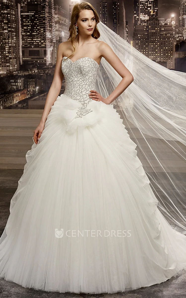Sweetheart A-Line Ruching Gown With Beaded Bodice And Back Bow