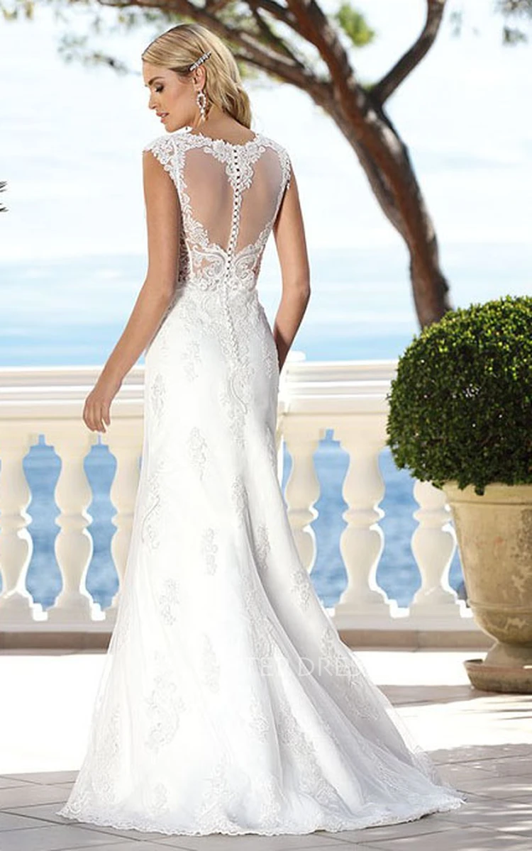 V-Neck Floor-Length Appliqued Lace Wedding Dress With Brush Train And Illusion