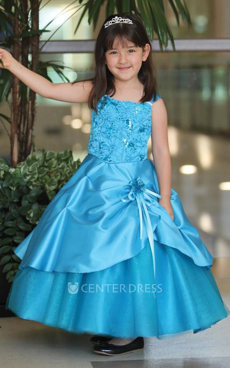 Ankle-Length Tiered Beaded Tulle&Lace Flower Girl Dress With Sash