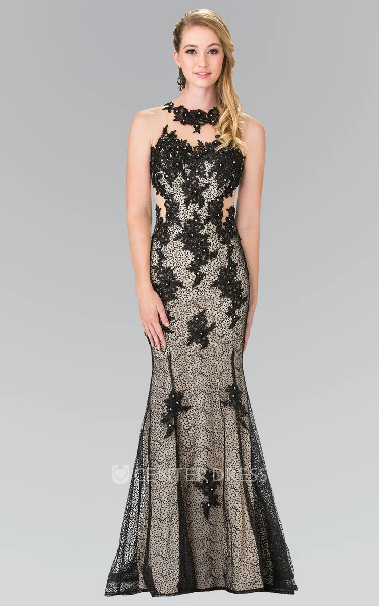 Trumpet Jewel-Neck Sleeveless Lace Illusion Dress With Appliques