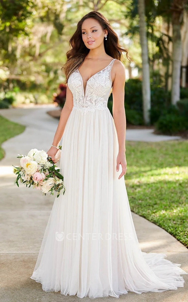 Simple Classic Tulle Applique Bridal Gown Garden A-Line Backless Spaghetti Wedding Dress