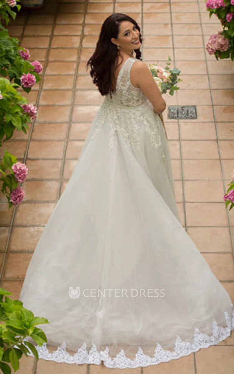 Delicate Ball Gown A Line Lace Tulle V-neck Wedding Dress with Appliques