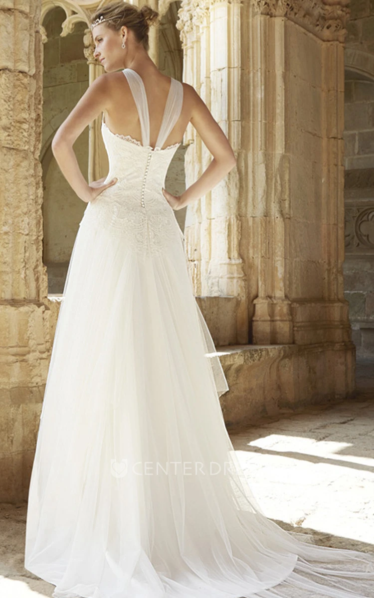 A-Line Floor-Length Jewel Appliqued Sleeveless Tulle Wedding Dress With Low-V Back And Court Train