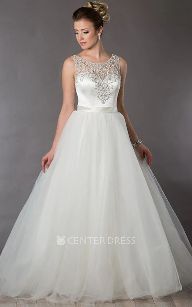 Scoop Neck Satin Top Tulle Skirt Bridal Ball Gown With Crystals