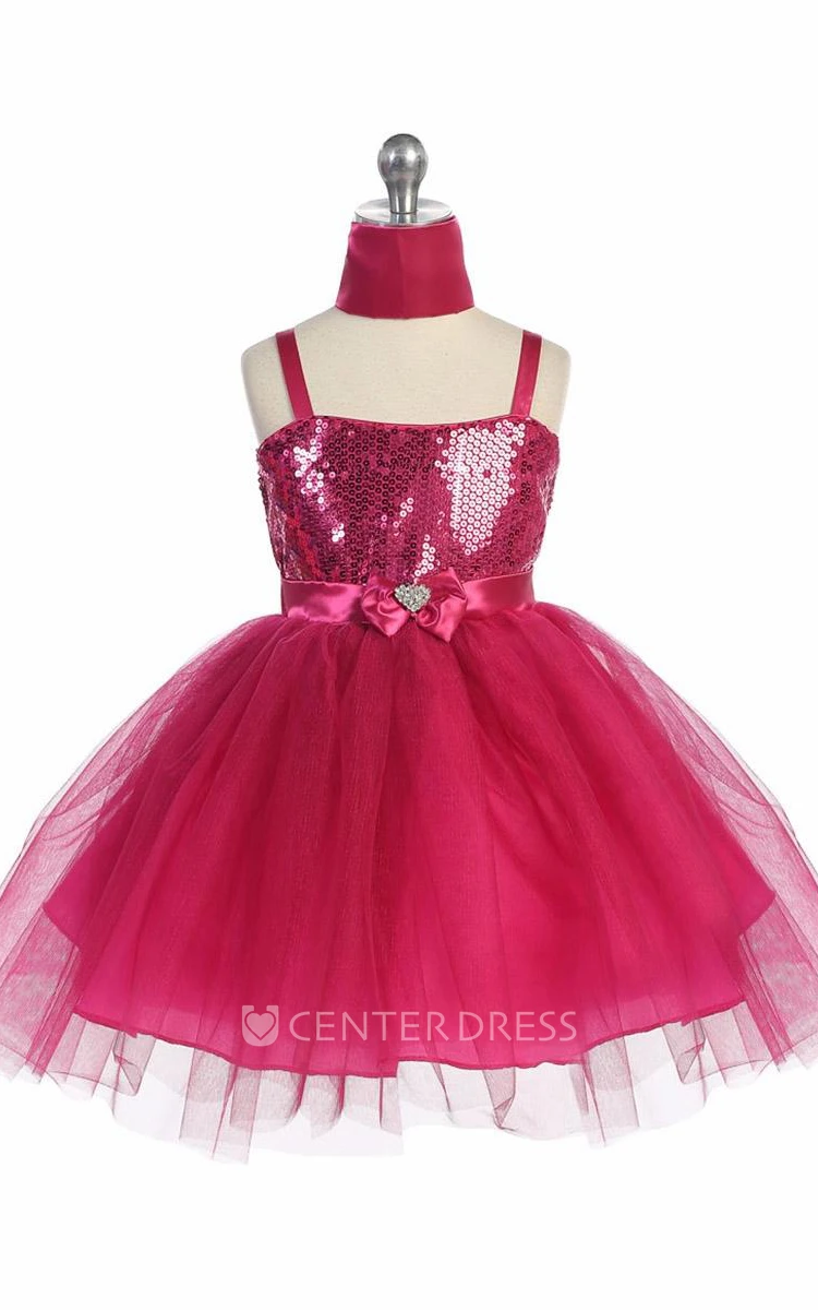 Knee-Length Cape Beaded Tiered Tulle&Sequins Flower Girl Dress With Sash