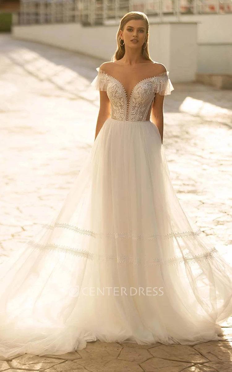 Romantic V-neck A Line Lace Court Train Wedding Dress with Appliques