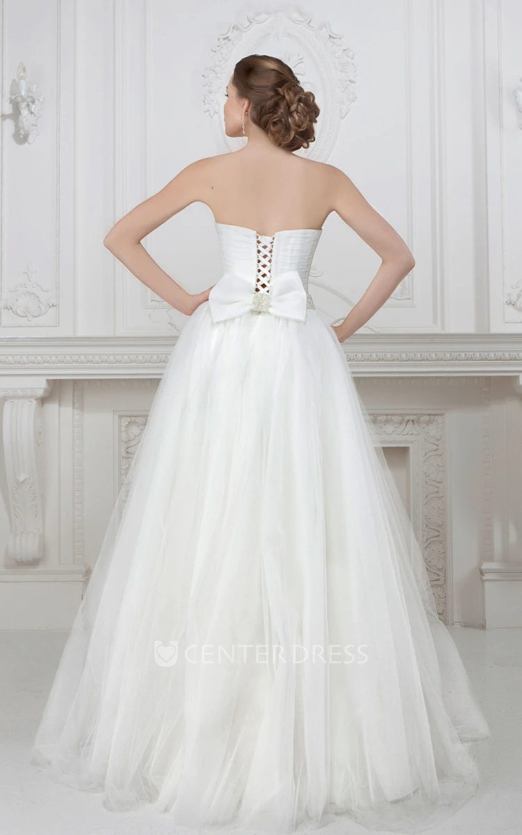 A-Line Maxi Sweetheart Criss-Cross Sleeveless Tulle Wedding Dress With Beading And Pleats