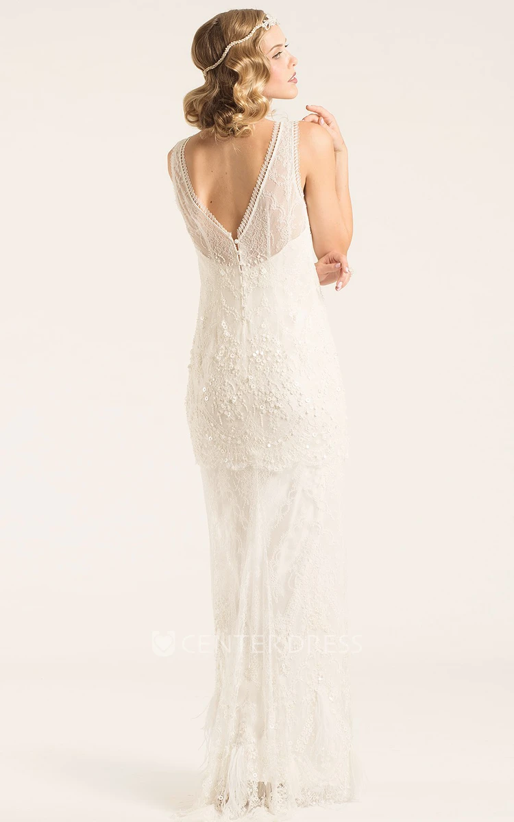 Floor-Length V-Neck Beaded Lace Wedding Dress With Appliques And V Back