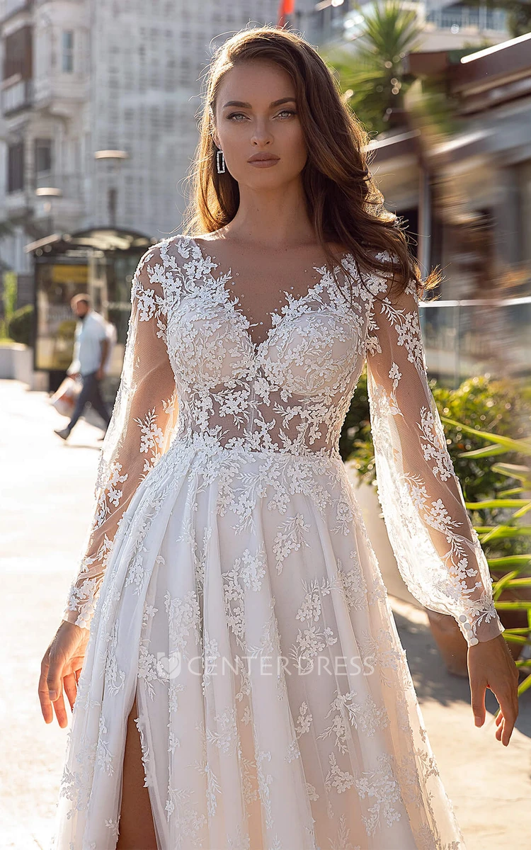 Sexy A Line Ball Gown Lace V-neck Chapel Train Wedding Dress with Split Front