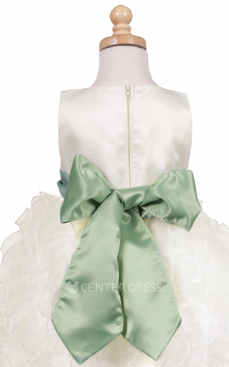 Floral Tea-Length Tiered Organza&Satin Flower Girl Dress With Ruffles