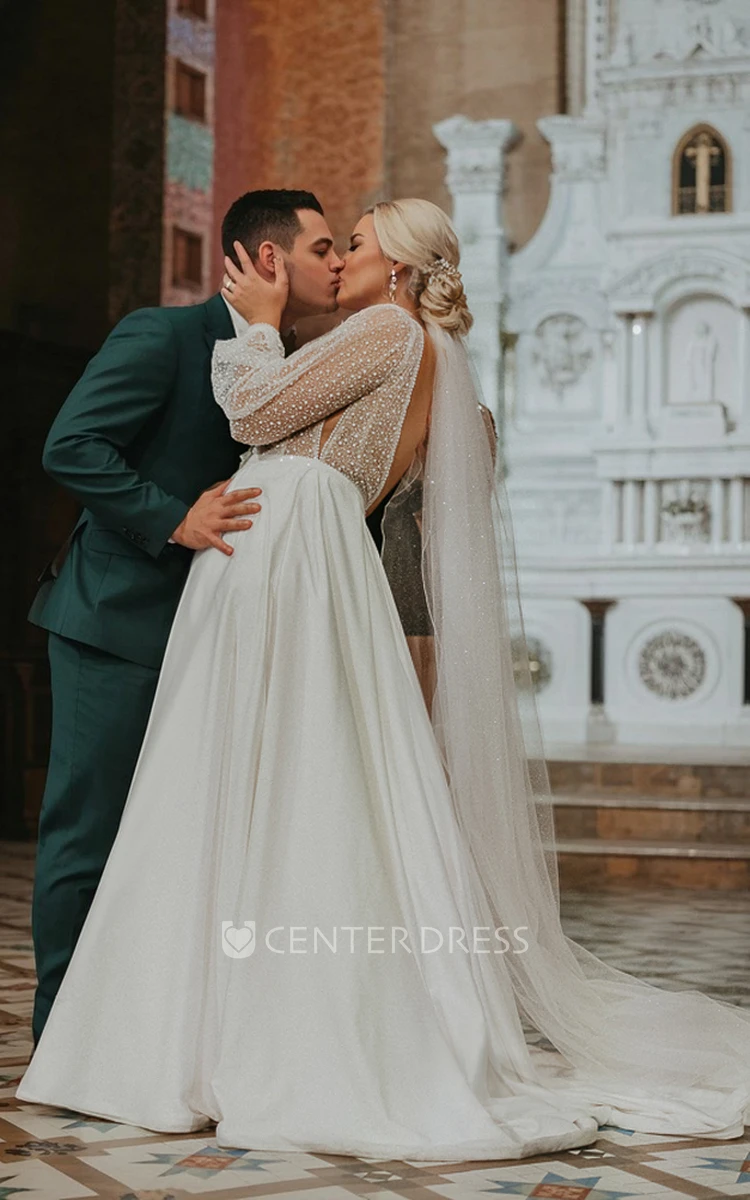 Sexy Modern Plus Size A-Line Ivory Satin Beading Wedding Dress Formal Elegant Long Sleeve Backless Bridal Gown