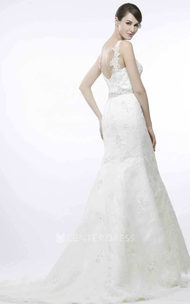 Straps Floor-Length Appliqued Lace Wedding Dress With Court Train And V Back
