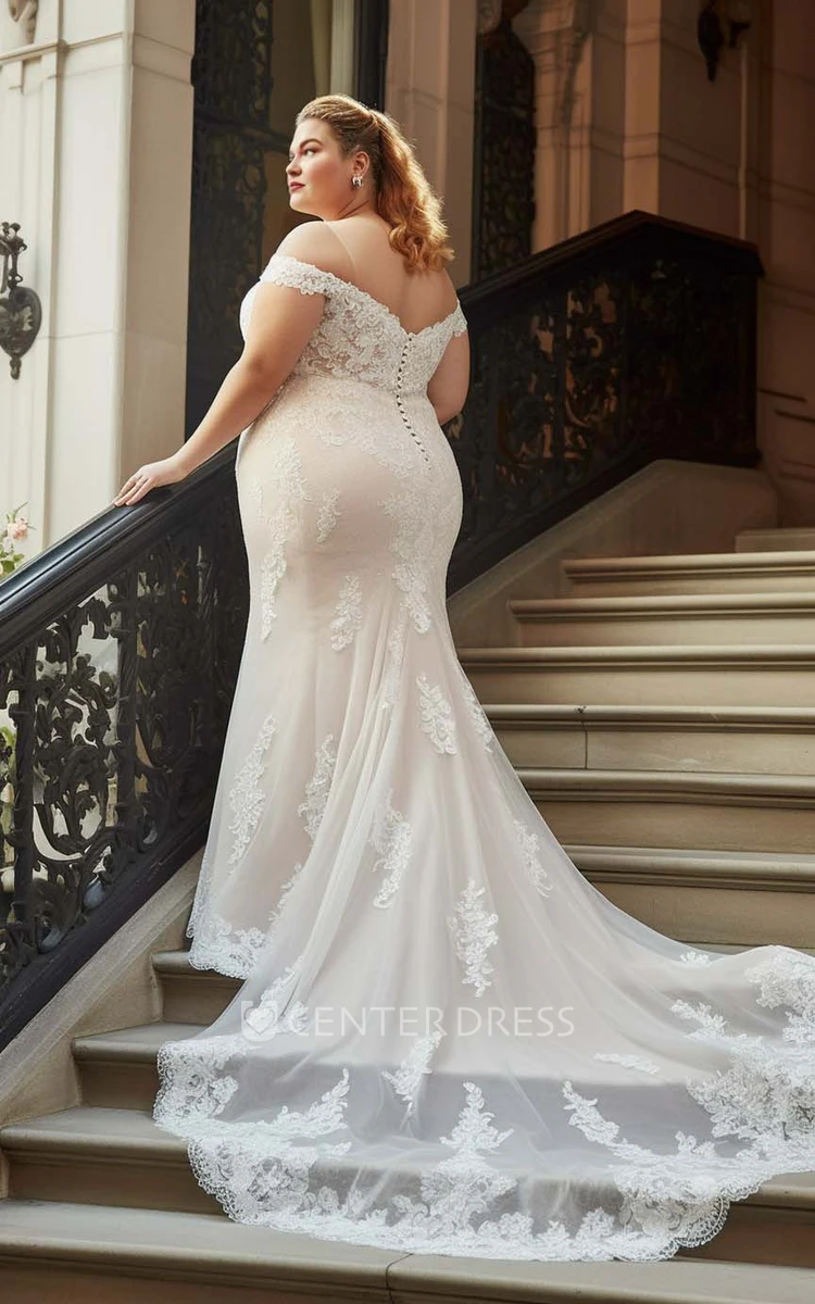 Plus Size Lace Tulle Mermaid Wedding Dress Sleeveless Court Train Elegant Romantic
