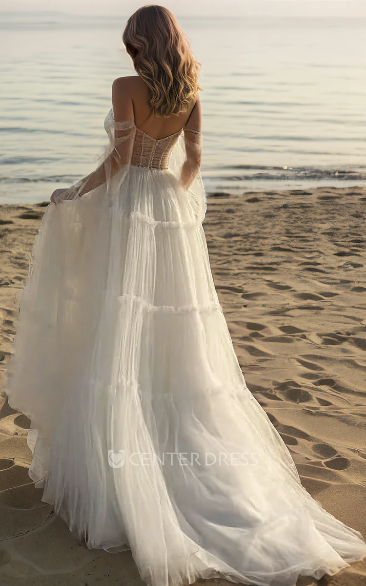 Sweetheart Neck Fluttering Fairy A-Line Off-the-shoulder Tulle Pleats Plus Size Floor-length Long Sleeve Wedding Bride Dress Backless Split