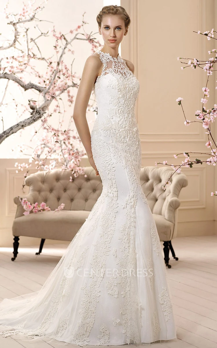 High neck sleeveless lace wedding cheap dress