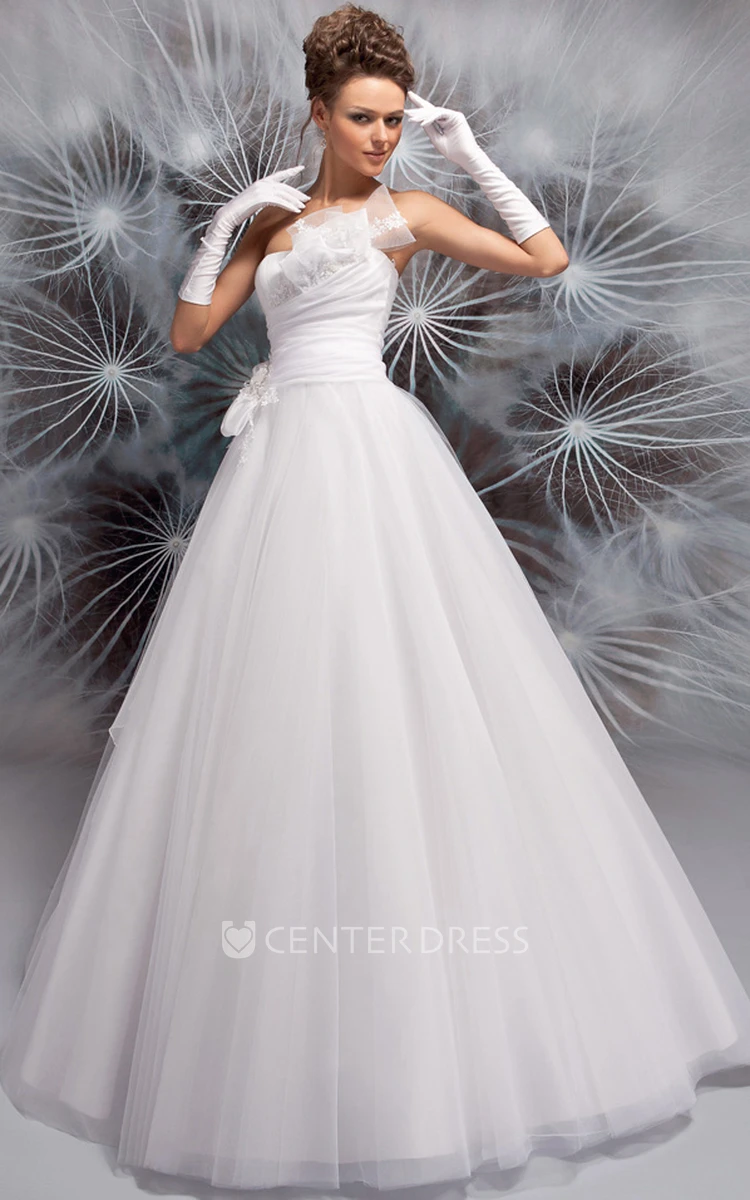A-Line Ball-Gown Floor-Length Sleeveless Floral Strapless Tulle Wedding Dress With Appliques And Ruching