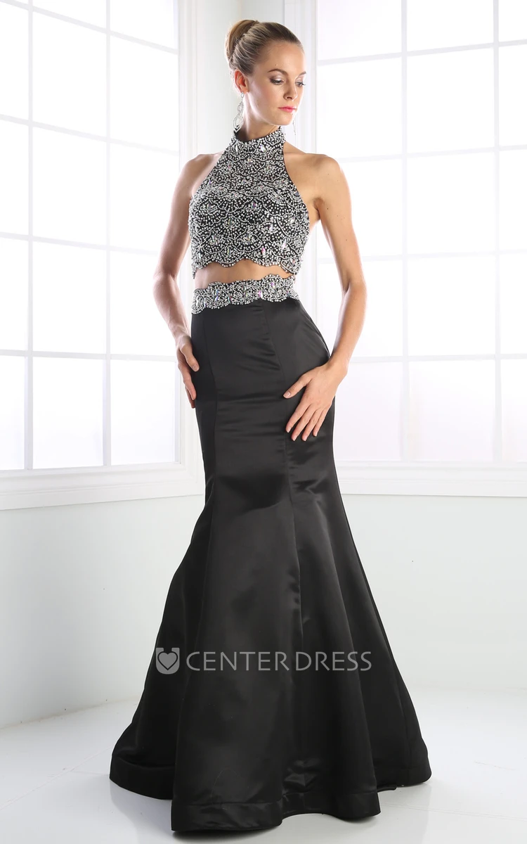 Two-Piece Trumpet High Neck Sleeveless Satin Backless Dress With Beading