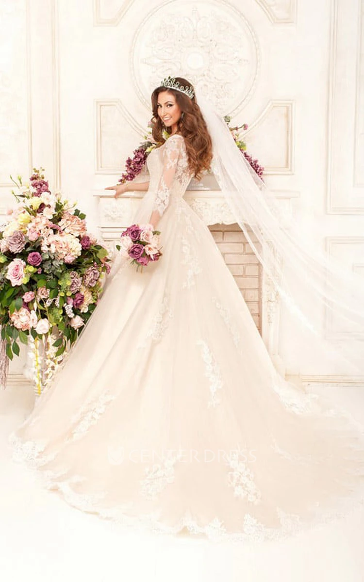 Ball Gown Long Scoop 3-4-Sleeve Illusion Lace Dress With Appliques And Waist Jewellery