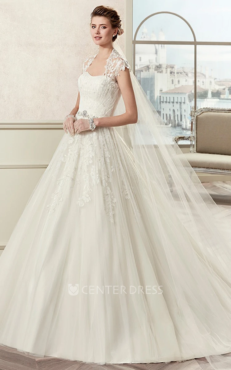 Royal Beaded A-Line Bridal Gown With Queen-Anna Neckline And Pleated Skirt