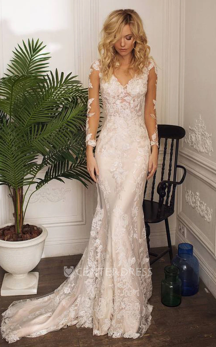 Lace Jewel Mermaid Long Sleeve Floor-length Illusion Wedding Dress With Appliques
