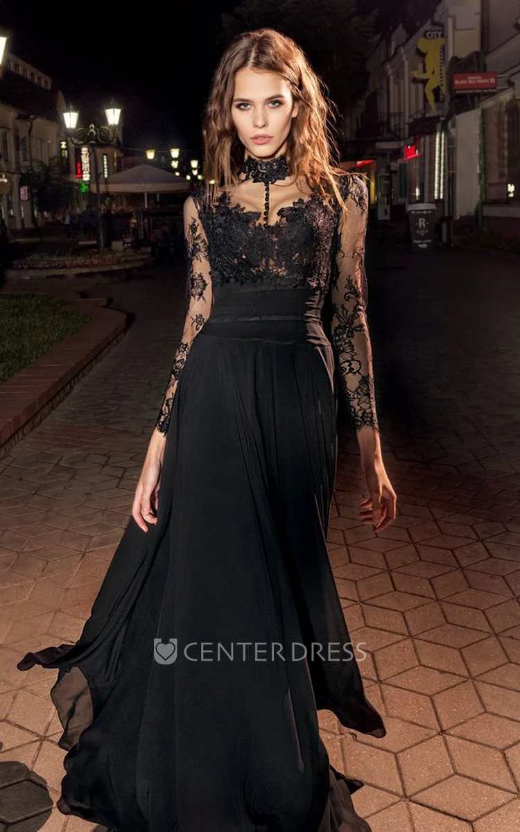 A Line High Neck Long Sleeve Lace Chiffon Illusion Dress With