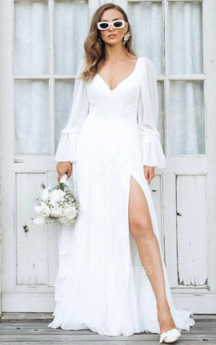 Chiffon Sexy Plunging Neckline A-Line Wedding Dress With Split Front