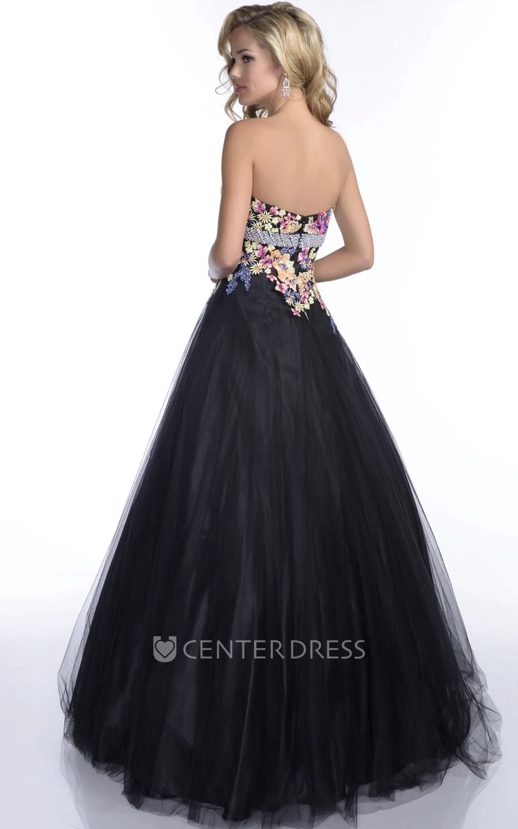 Tulle Sweetheart Sleeveless Lace Appliqued A-Line Prom Dress With Beaded Belt