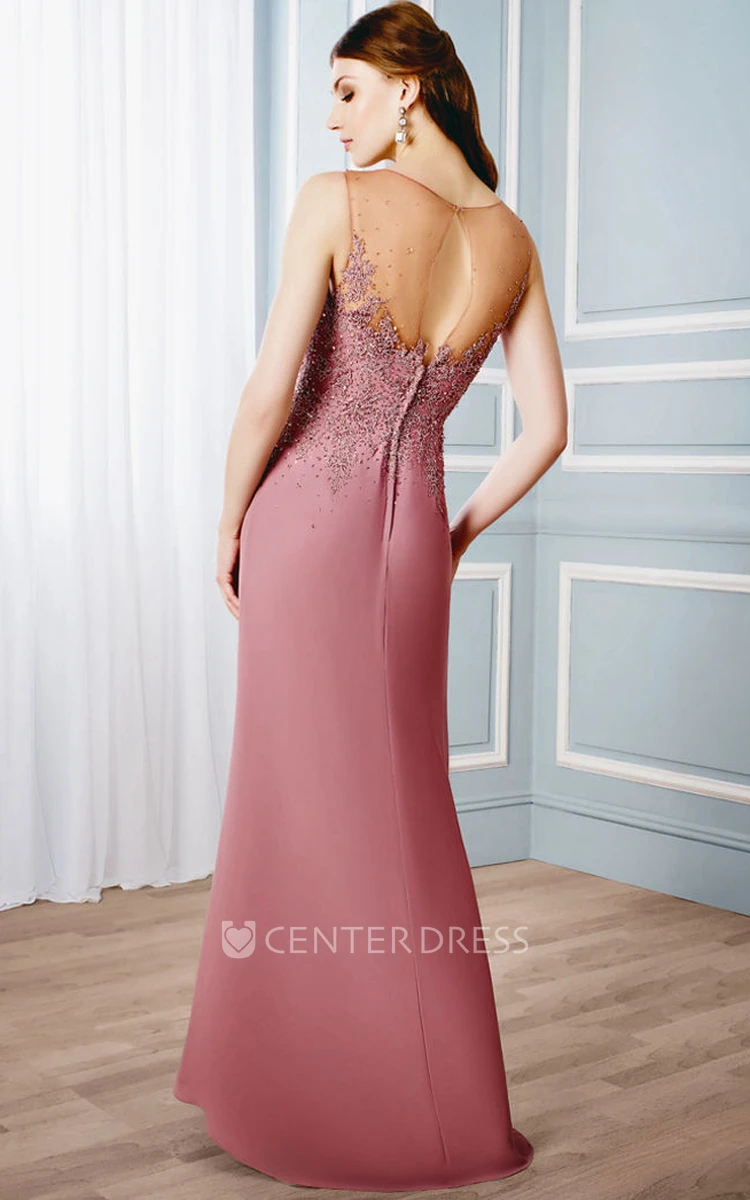 Appliqued Sleeveless V-Neck Jersey Formal Dress With Illusion Back