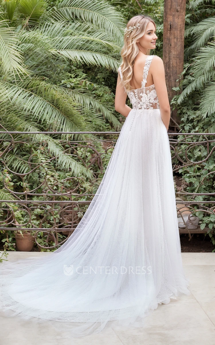 Modern Fairy A-Line Boho Lace Square Neck Appliques Wedding Dress Ethereal Illusion Spaghetti Strap Sheer Bodice Tulle Bridal Gown