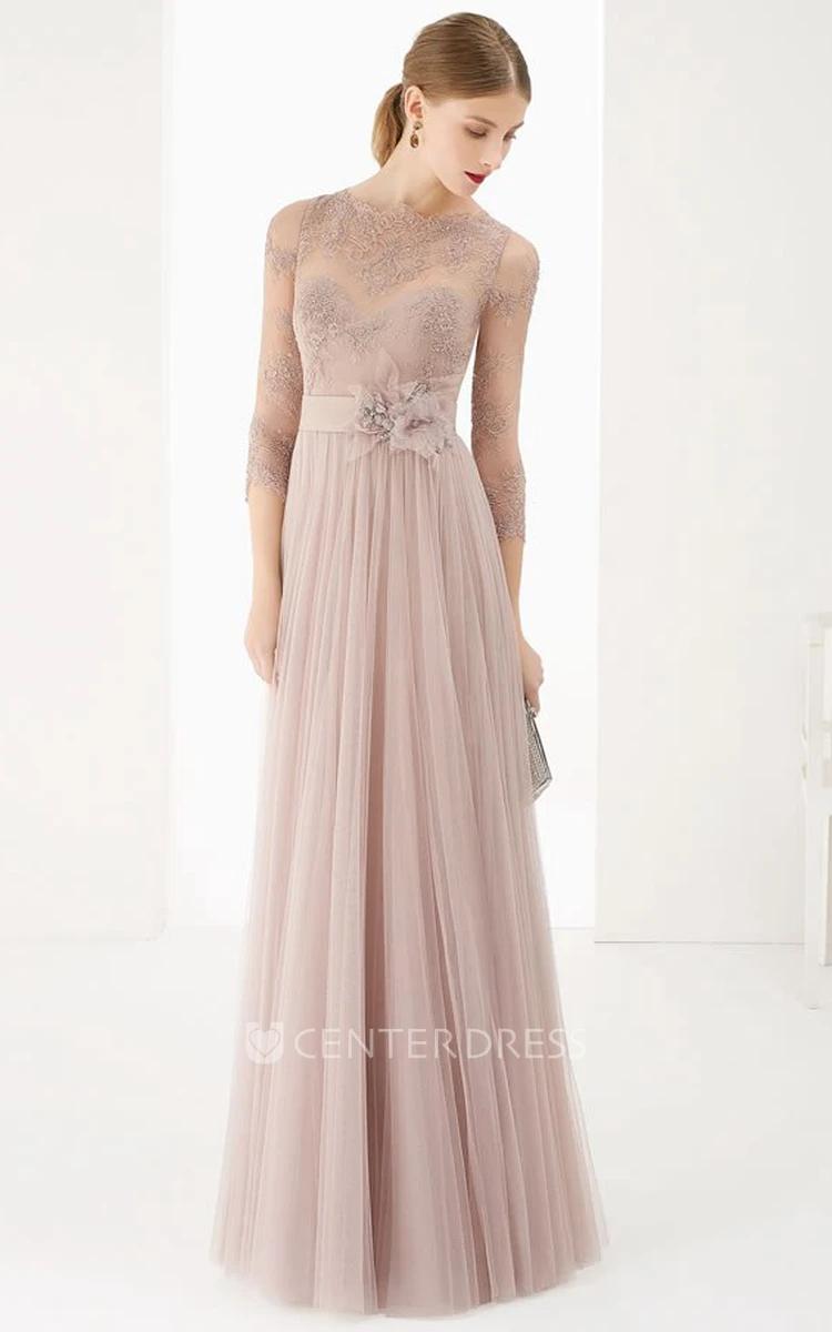 Sheath 3-4-Sleeve Jewel-Neck Floor-Length Lace Tulle Prom Dress With Flower And Pleats