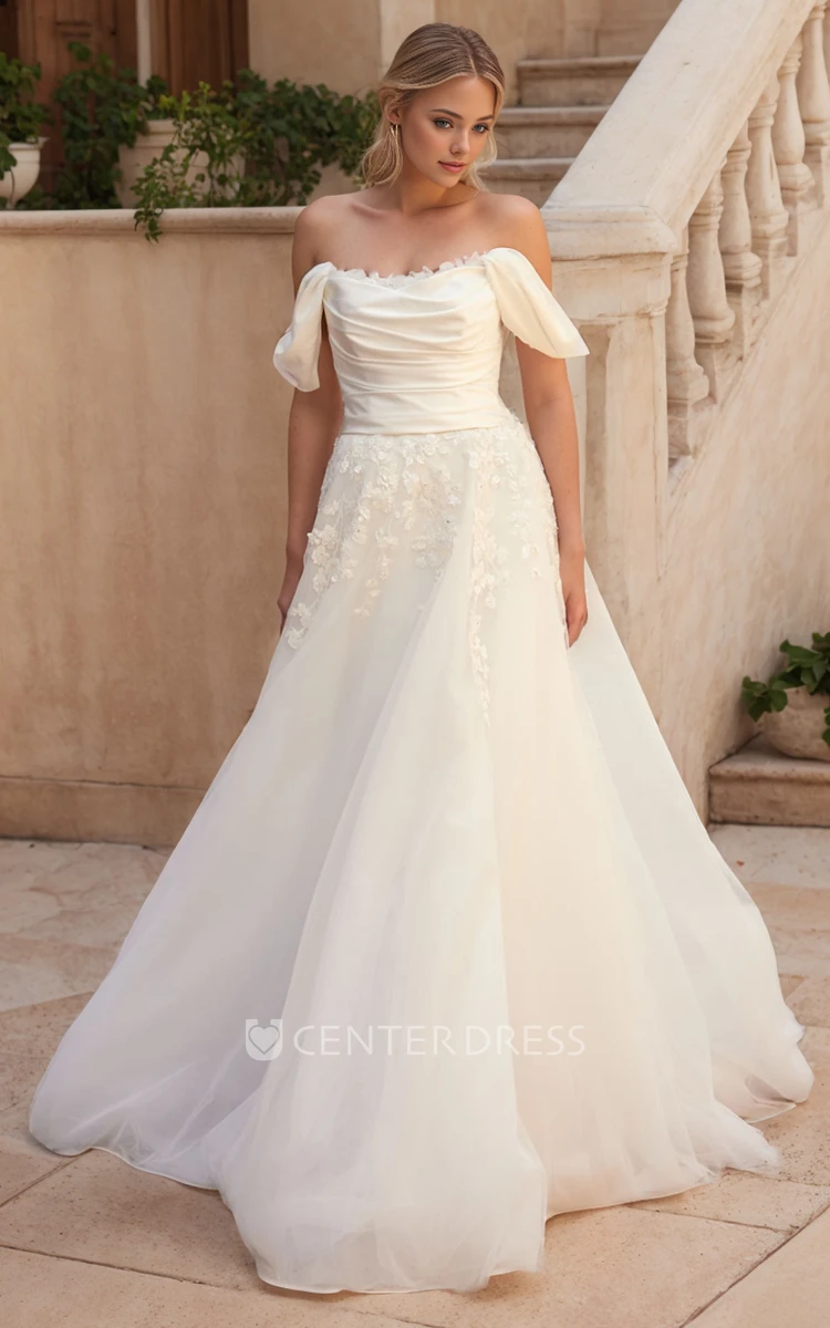 Romantic Vintage A-Line Off-the-Shoulder Lace Wedding Dress Ruching Princess Ball Gown