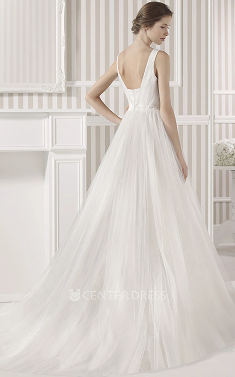 Ball-Gown Square Appliqued Sleeveless Empire Maxi Tulle Wedding Dress With Court Train And Low-V Back