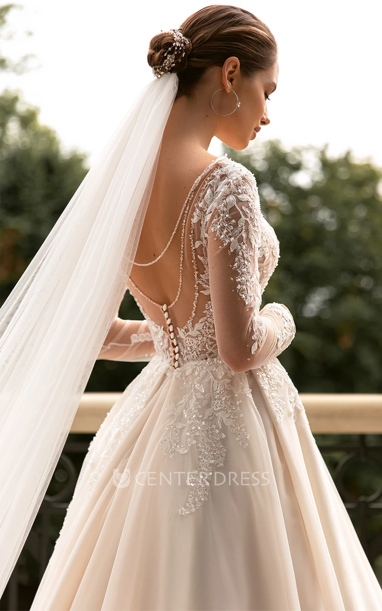 A Line Simple Plunging Neckline Tulle Wedding Dress with Appliques and Beading